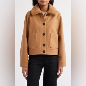 NWT Sam Edelman Crop Faux Shearling Collar Camel Button Up Jacket Sz L